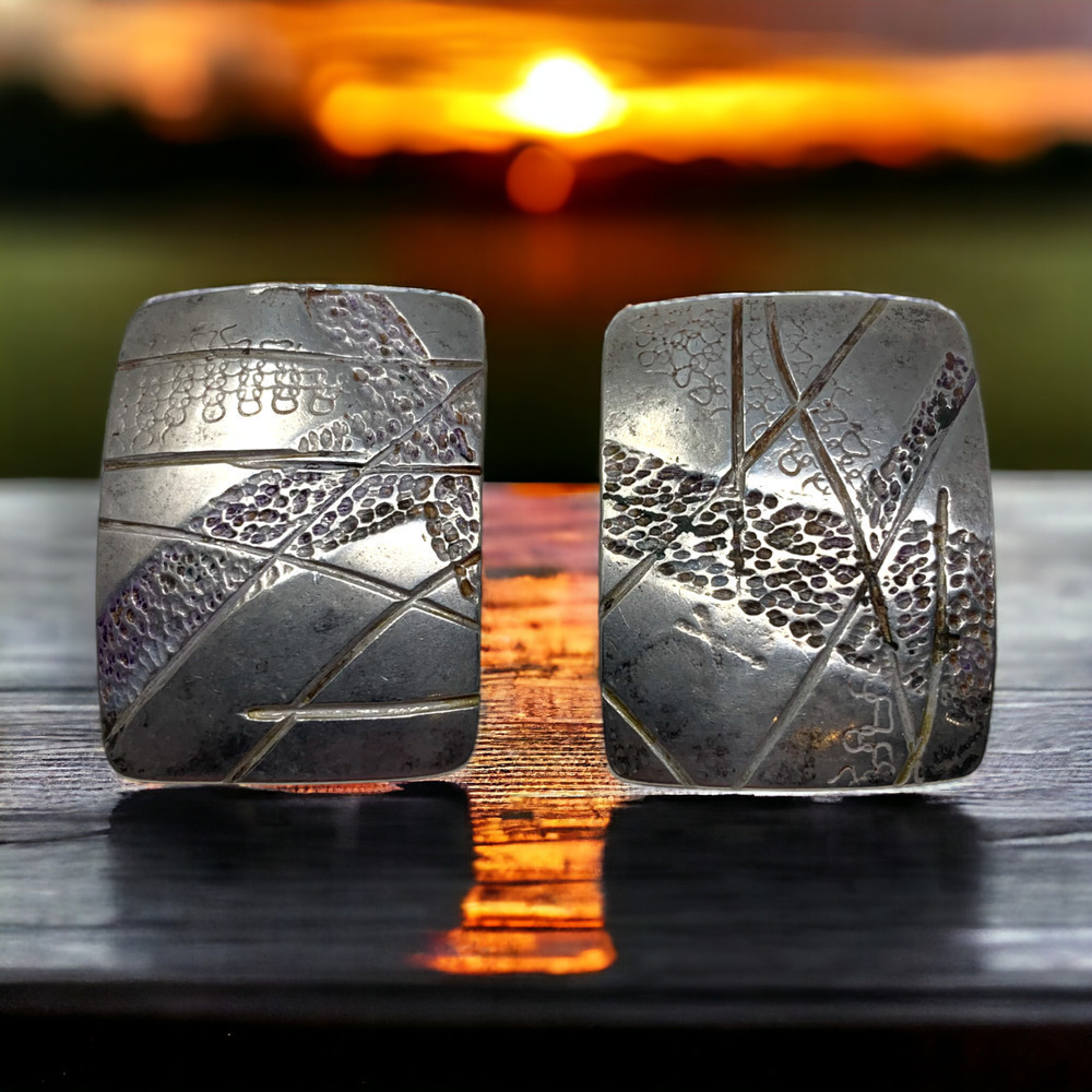 Vintage Modernist Incised Artisan Earrings Pierced Rectangle Sterling Silver DG